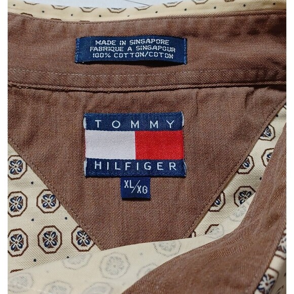 Vintage Tommy Hilfiger Shirt Mens XL Button Up Crest Logo 90s Tan w/ Octagon - Picture 7 of 8